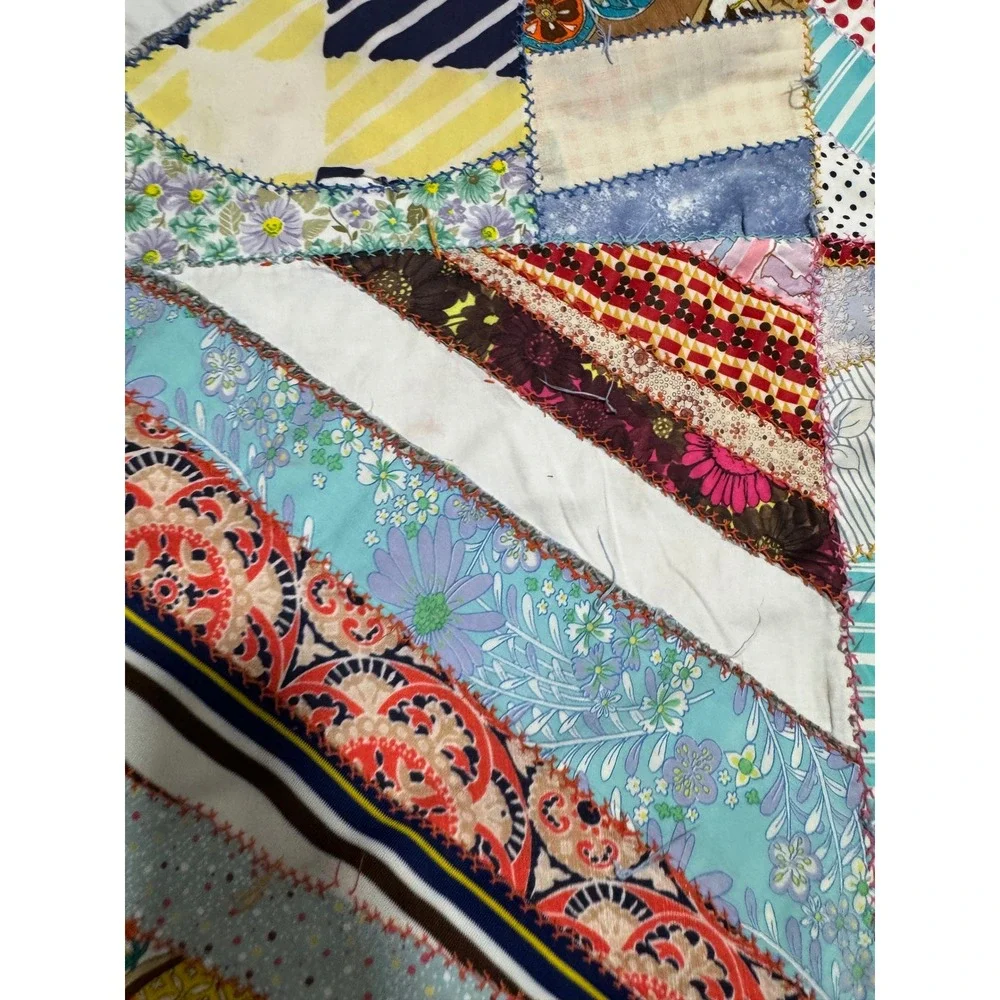 Vtg 70's Handmade Polyester Crazy Multi Color Patchwork Quilt Double Knit 66x86